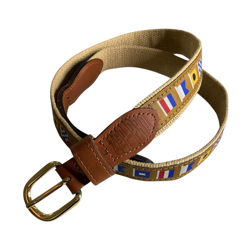 ZEP PRO Sz 38 Nautical Code Flag Belt Khaki Natural Premium Leather Solid Brass